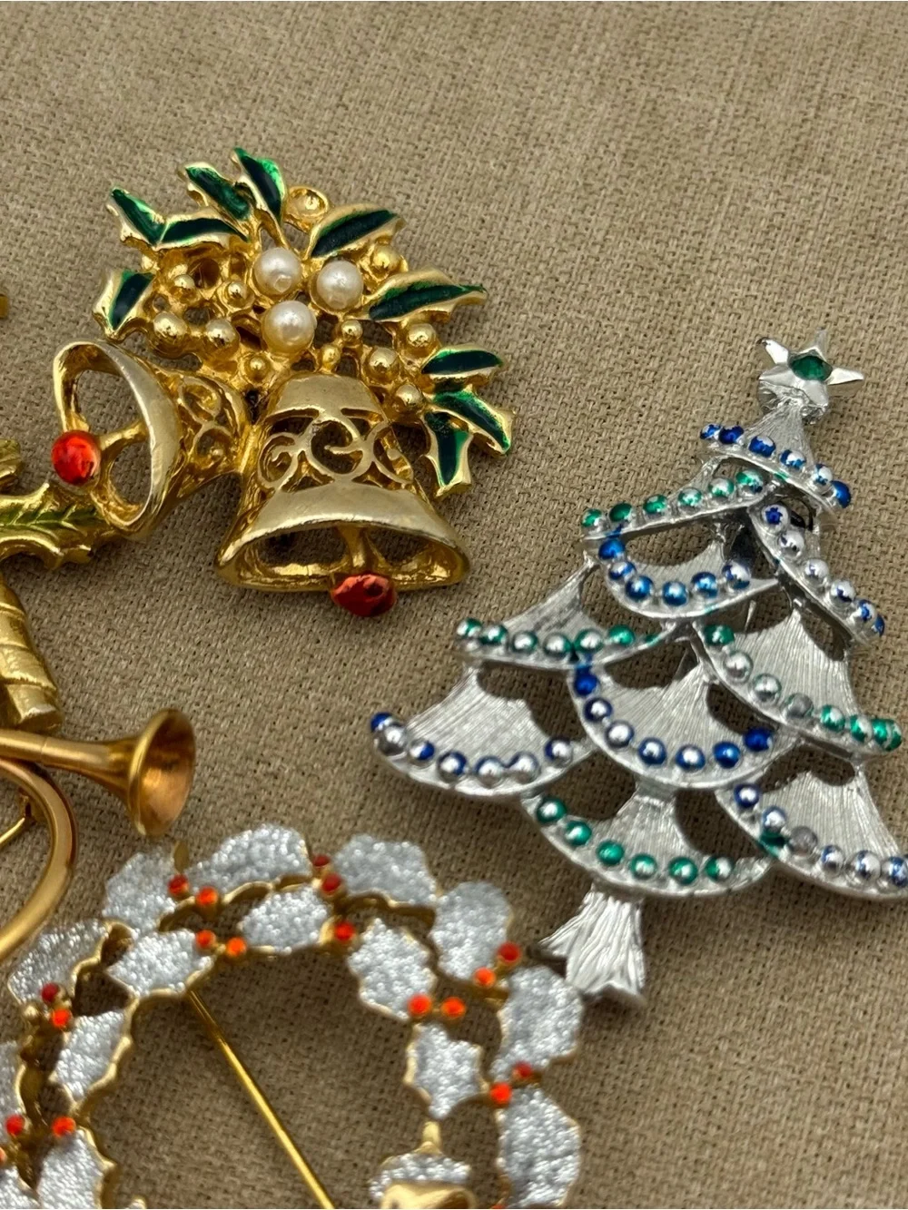 Vintage Christmas Brooch Lot - Gold, Silver, Green, Red Accents